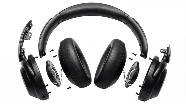 Articulated exploded view of black over-ear headphones, highlighting detachable earcups, drivers, headband, and screws, isolated on a clean white studio background for clear component inspection.