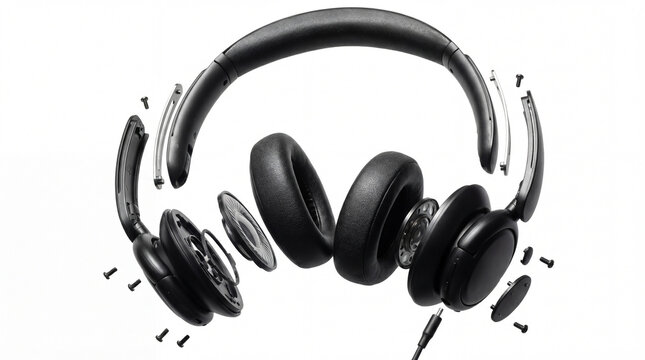Exploded view of premium black over-ear headphones