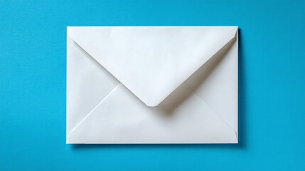 An overhead shot captures a pristine white envelope against a vibrant cyan backdrop, showcasing simplicity and elegance in its design. The envelope's sharp lines add a structured feel.
