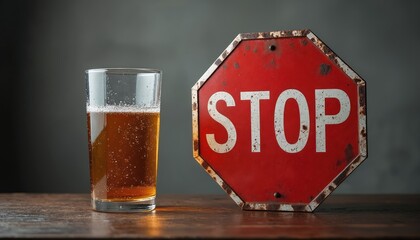 Glass of beer stands near weathered red stop sign on dark wood table. Powerful visual delivers clear message about halting alcohol consumption, preventing drunk driving, promoting addiction recovery.