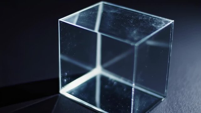 Transparent cube casts a shadow on a dark surface, showcasing its edges and inner structure