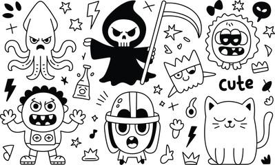 Cute Black and White Cartoon Monsters and Characters