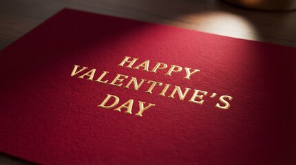 happy valentines day gold foil embossed typography on dark red paper texture, luxury greeting card close up, romantic holiday background, dramatic lighting shadow, love celebration concept, 14th feb.