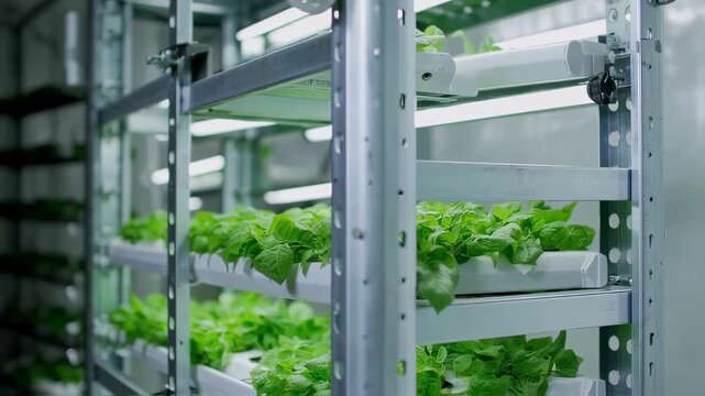 Indoor vertical farm with rows of plants lit by artificial lights, showcasing sustainable agriculture