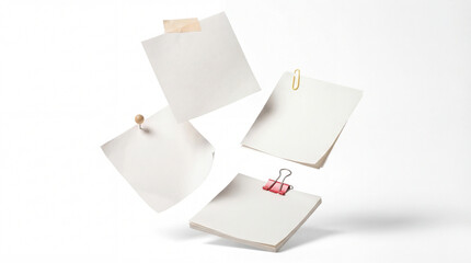 Floating sheets of white paper held by office supplies: tape, paperclip, binder clip, and pushpin.