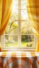 Sunlit window with flowing yellow curtains, warm morning light, soft bokeh garden outside, cozy home interior, clean aesthetic, shallow depth of field