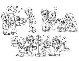 Naklejka premium Ramadan scene and activity coloring page for kids featuring Islamic holiday traditions like fasting, prayer, iftar, and lantern decorations. Clean black and white line art for classroom worksheets.