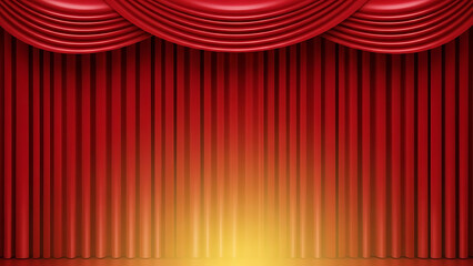 Elegant red velvet stage curtains with soft golden spotlight.