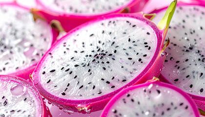 Sliced dragonfruit with black seeds closeup