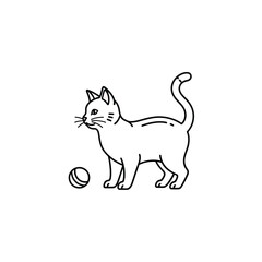 Obraz premium Simple line art illustration of a domestic cat standing next to a small ball, ready to play, on a white background.