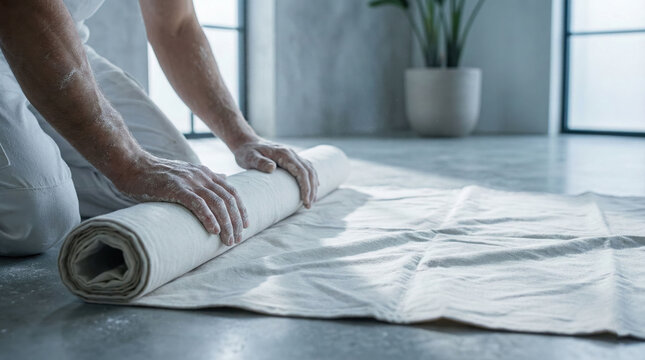 Paint wall man carefully rolling up protective sheet on the floor during home renovation preparation.