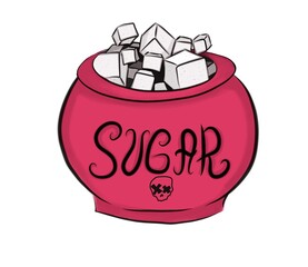 Hand-drawn white sugar in a cup . Sketch of sugar, granulated and in the form of cubes.