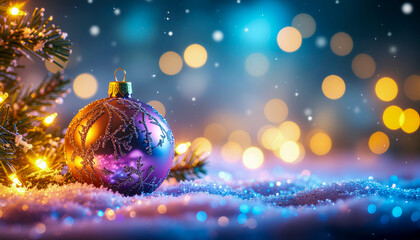 Christmas ornament in snow with lights