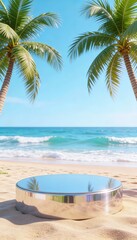 Glossy circular podium on sandy tropical beach, turquoise ocean waves, palm trees framing the scene, bright blue sky, sunlight reflections, clean minimal product background