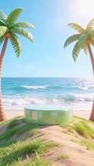 Glossy green circular podium on green grass by a tropical beach, turquoise waves, palm trees, bright sunlight, soft bokeh, clean commercial product scene