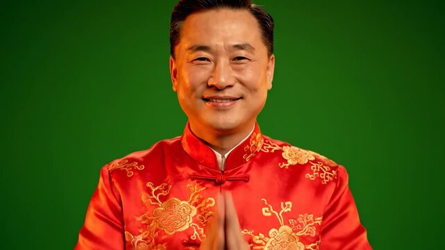 Man in traditional Chinese attire standing against a green background smiling