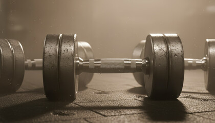 Dumbbells on a gym floor with dramatic lighting and worn appearance