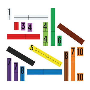 Educational math manipulative rods with numbers for teaching arithmetic and fractions to children.