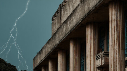 Stormy sky with lightning over historic concrete building with fluted columns, dramatic atmosphere and moody teal clouds