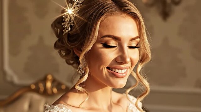 Beautiful blonde bride with elegant updo hairstyle, sparkling hair accessory, and diamond earring smiling warmly in soft golden light
