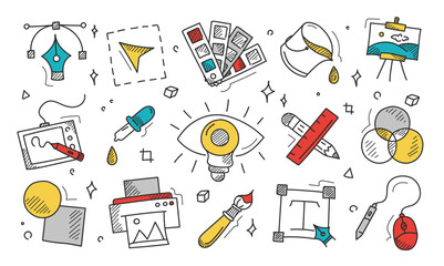 Graphic design doodle icon set vector isolated. Collection of hand-drawn icons. Design supplies, graphic tablet and pen, pipette and brush. Creative occupation, work elements. © Derariad