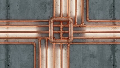 Copper pipes intersecting on a concrete wall in an industrial setting.