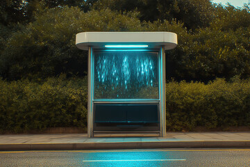 Neon bus stop bus shelter rainy night glowing light urban street empty bench reflective pavement wet window shelter canopy commuter seating