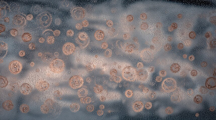 Dew drops on glass with abstract rust circles creating moody texture and warm tones, atmospheric pattern evokes vintage industrial decay