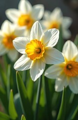 White daffodils with yellow centers bloom in a garden. Green leaves surround the flowers. Sunlight illuminates petals creating soft shadows. Springtime floral closeup.