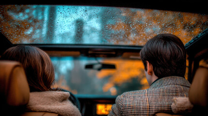 Couple driving in rainy car with autumn light and cozy mood