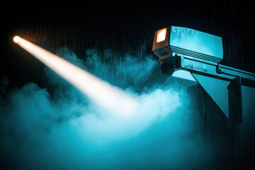 Spotlight beam cutting through fog and rain with dramatic cinematic moody lighting