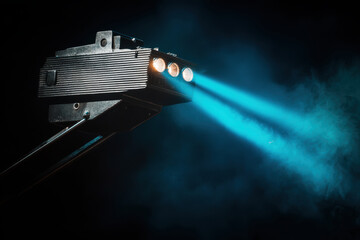 Vintage projector with three beams cutting through blue haze creating dramatic cinematic mood and vintage technology vibe