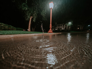 Wet pavement ripple and streetlamp reflection at night in rainy urban park, dramatic moody atmosphere and motion blur