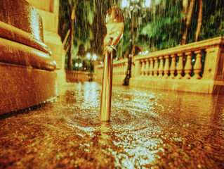 Fountain nozzle water spray night lighting wet pavement ornate railing bokeh lights urban park golden tone motion blur close up