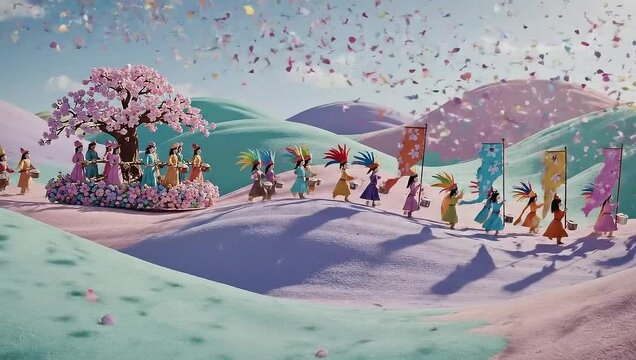 A whimsical parade of colorful characters marching through a pastel landscape with a cherry blossom tree.