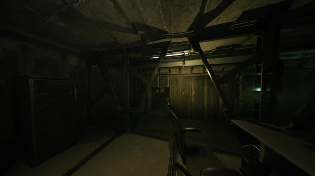 partially flooded utility room with shallow standing water, reflective surface mirrors corroded pipes and ceiling conduits, damp plaster and mold, emergency