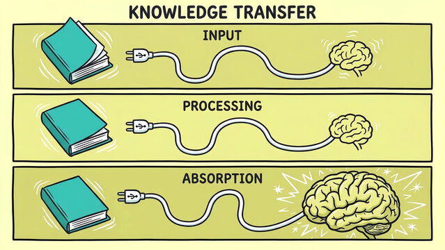 This humorous cartoon illustrates the complex stages of knowledge transfer from reading material to profound understanding using electrical analogies and visual metaphors.