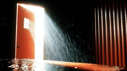 Open wooden door with bright light and rain pouring into dark room creating dramatic wet reflections