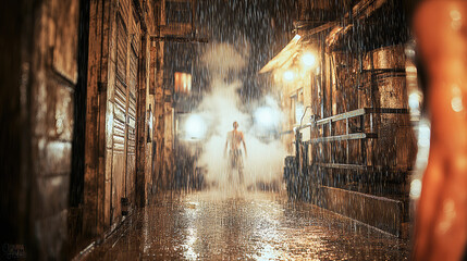 Lonely man walking through rainy narrow alley at night with dramatic steam and glowing lights, moody cinematic atmosphere, wet pavement