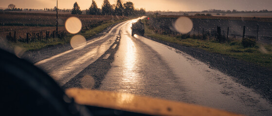 Wet country road at golden hour with rain reflections and car approaching, moody atmosphere and warm light