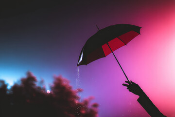 Black and red umbrella held aloft with water dripping against neon pink and blue sky, moody rainy night atmosphere