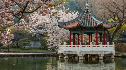 Traditional pavilion amidst cherry blossoms