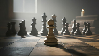 White pawn standing alone on a chessboard surrounded by black pieces in a strategic game