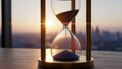 Hourglass on a table with a cityscape at sunset in the background