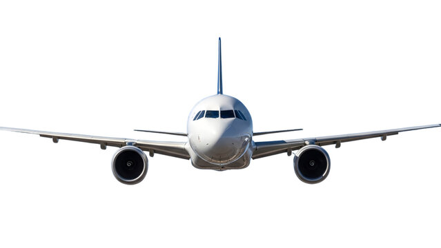 Front View of White Commercial Passenger Airplane Isolated on White Background