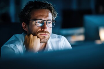 A focused man wearing glasses looks thoughtfully at his computer screen in a dimly lit office, representing dedication and concentration.