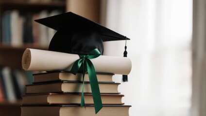 Graduation cap and diploma on a stack of books