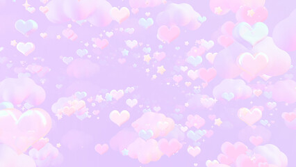3D render pastel hearts and clouds in the sky.
