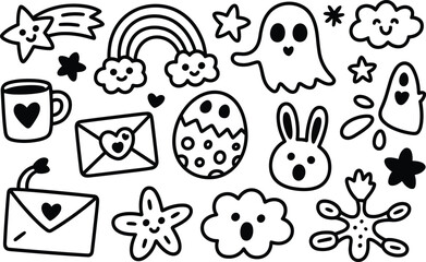 Black and white doodle of various and symbols stars