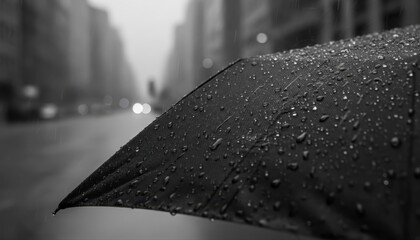 Black umbrella with raindrops on a rainy city street